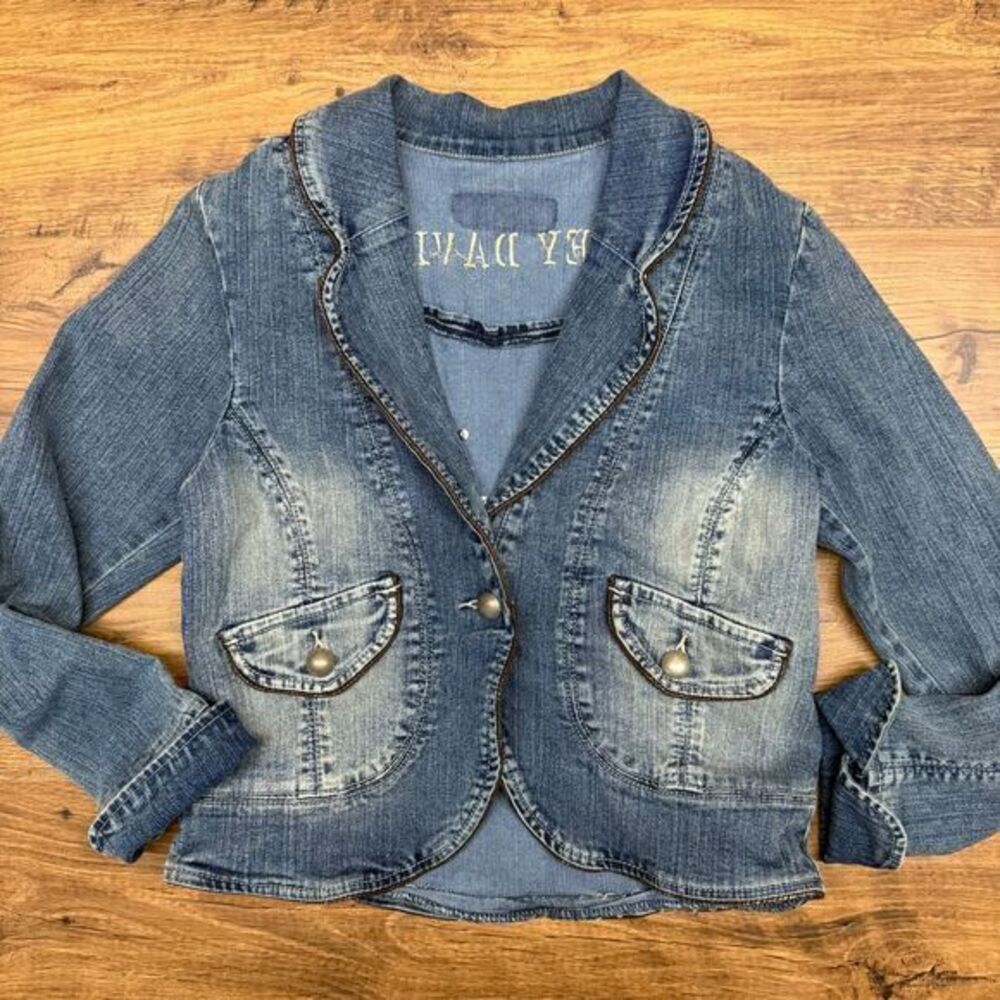 Custom Harley Davidson Stretchy Embellished Jean Jacket Biker Y2K‎ Bikercore